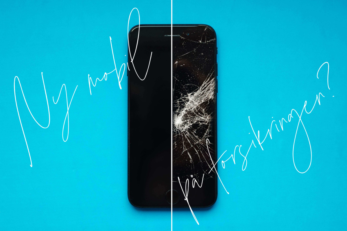 bilde av en iPhone. halvesiden er knust andre er fin. Teksten over bildet: ny mobil på forsikringen?